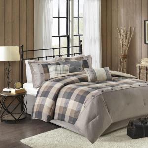 Madison Park Ridge Comforter Set-Cabin Lodge Plaid Herringbone Design All Season Down Alternative Cozy Bedding with Matching Bedskirt, Shams, Decorative Pillow, Queen(90″x90″), Neutral 7 Piece(Neutral)
