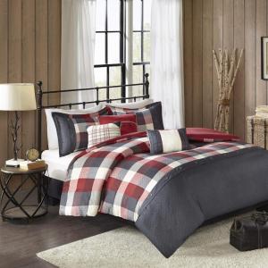 Madison Park Ridge Comforter Set-Cabin Lodge Plaid Herringbone Design All Season Down Alternative Cozy Bedding with Matching Bedskirt, Shams, Decorative Pillow, Queen(90″x90″), Neutral 7 Piece(Red)