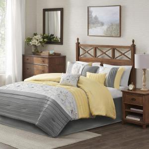 Madison Park Serene Faux Silk Comforter Set – Floral Embroidery Design, All Season Bedding Set, Matching Bed Skirt, Decorative Pillows, Red Queen(90″x90″) 7 Piece(Yellow)