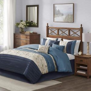 Madison Park Serene Faux Silk Comforter Set – Floral Embroidery Design, All Season Bedding Set, Matching Bed Skirt, Decorative Pillows, Red Queen(90″x90″) 7 Piece(Navy)