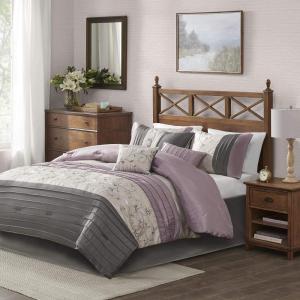 Madison Park Serene Faux Silk Comforter Set – Floral Embroidery Design, All Season Bedding Set, Matching Bed Skirt, Decorative Pillows, Red Queen(90″x90″) 7 Piece(Purple)