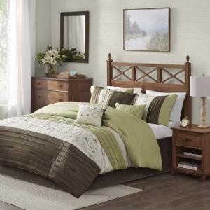 Madison Park Serene Faux Silk Comforter Set – Floral Embroidery Design, All Season Bedding Set, Matching Bed Skirt, Decorative Pillows, Red Queen(90″x90″) 7 Piece(Green)
