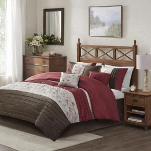 Madison Park Serene Faux Silk Comforter Set – Floral Embroidery Design, All Season Bedding Set, Matching Bed Skirt, Decorative Pillows, Red Queen(90″x90″) 7 Piece(Red)