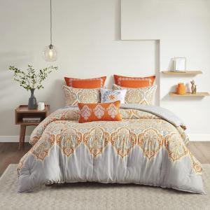 Madison Park Vienna Sateen Cotton Comforter Set, Breathable, Soft Cover, Trendy, All Season Down Alternative Cozy Bedding with Matching Shams, Queen, Black 7 Piece(Nisha Orange)