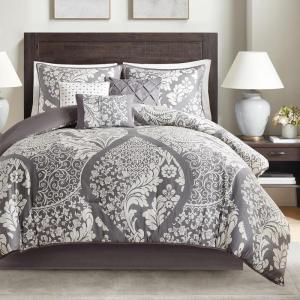 Madison Park Vienna Sateen Cotton Comforter Set, Breathable, Soft Cover, Trendy, All Season Down Alternative Cozy Bedding with Matching Shams, Queen, Black 7 Piece(Vienna Grey)