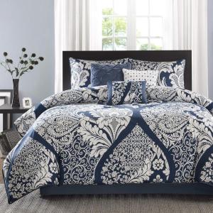 Madison Park Vienna Sateen Cotton Comforter Set, Breathable, Soft Cover, Trendy, All Season Down Alternative Cozy Bedding with Matching Shams, Queen, Black 7 Piece(Vienna Indigo)