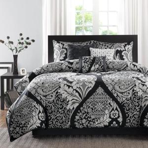 Madison Park Vienna Sateen Cotton Comforter Set, Breathable, Soft Cover, Trendy, All Season Down Alternative Cozy Bedding with Matching Shams, Queen, Black 7 Piece(Vienna Black)