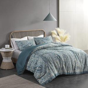 Madison Park Vienna Sateen Cotton Comforter Set, Breathable, Soft Cover, Trendy, All Season Down Alternative Cozy Bedding with Matching Shams, Queen, Black 7 Piece(Belcourt Blue)