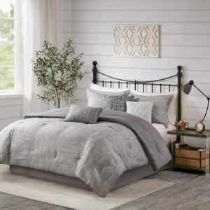Madison Park Walter Comforter – Luxe Seersucker Print Design, All Season Down Alternative Bedding, Matching Shams, Bedskirt, Decorative Pillows, Grey Queen(90″x90″) 7 Piece(Grey)