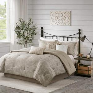 Madison Park Walter Comforter – Luxe Seersucker Print Design, All Season Down Alternative Bedding, Matching Shams, Bedskirt, Decorative Pillows, Grey Queen(90″x90″) 7 Piece(Taupe)