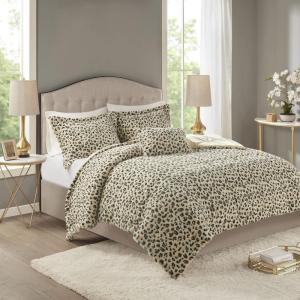 Madison Park Zuri Soft Plush Comforter Set, Faux Fur Animal Stripes Design, Faux Mink On The Reverse, Modern All Season Bedding Set with Matching Sham, King, Snow Leopard 4 Piece(Cheetah)