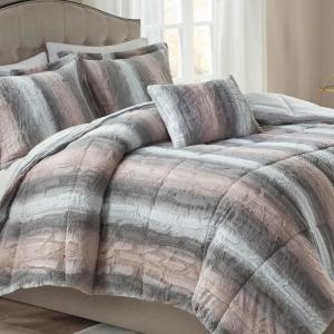 Madison Park Zuri Soft Plush Comforter Set, Faux Fur Animal Stripes Design, Faux Mink On The Reverse, Modern All Season Bedding Set with Matching Sham, King, Snow Leopard 4 Piece(Blush/Grey)