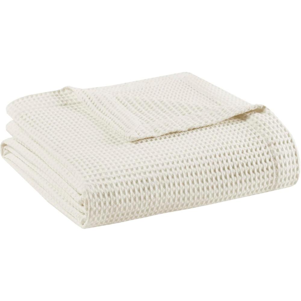 imageMadison Park 100 Cotton Blanket Trendy Woven Waffle Weave Design All Season Lightweight Breathable Soft and Cozy Casual Summer Cover for Bed Couch and Sofa FullQueen90 in x 90 in IvoryIvory
