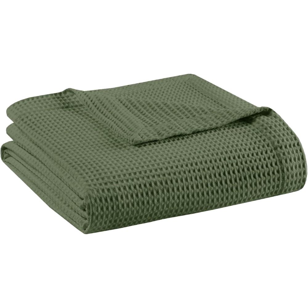 imageMadison Park 100 Cotton Blanket Trendy Woven Waffle Weave Design All Season Lightweight Breathable Soft and Cozy Casual Summer Cover for Bed Couch and Sofa FullQueen90 in x 90 in IvoryOlive Green