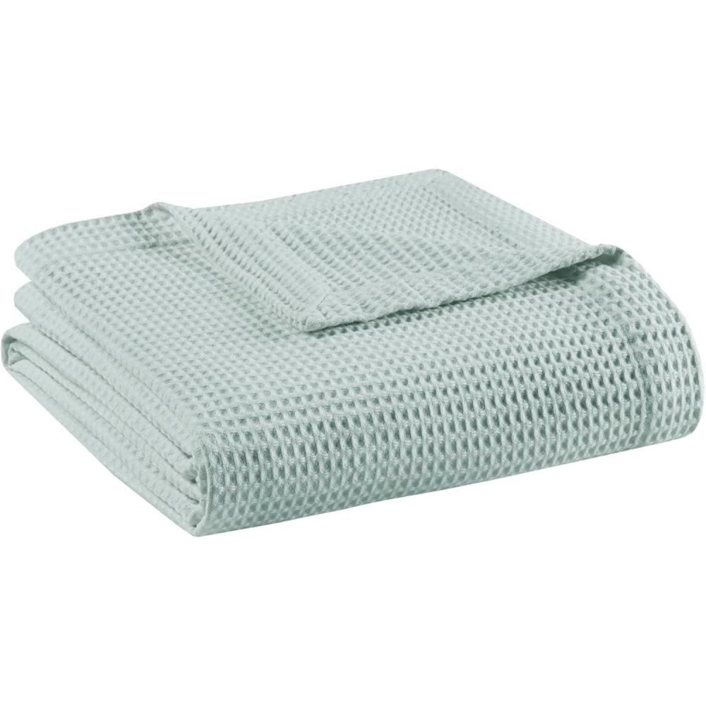 imageMadison Park 100 Cotton Blanket Trendy Woven Waffle Weave Design All Season Lightweight Breathable Soft and Cozy Casual Summer Cover for Bed Couch and Sofa FullQueen90 in x 90 in IvoryAqua
