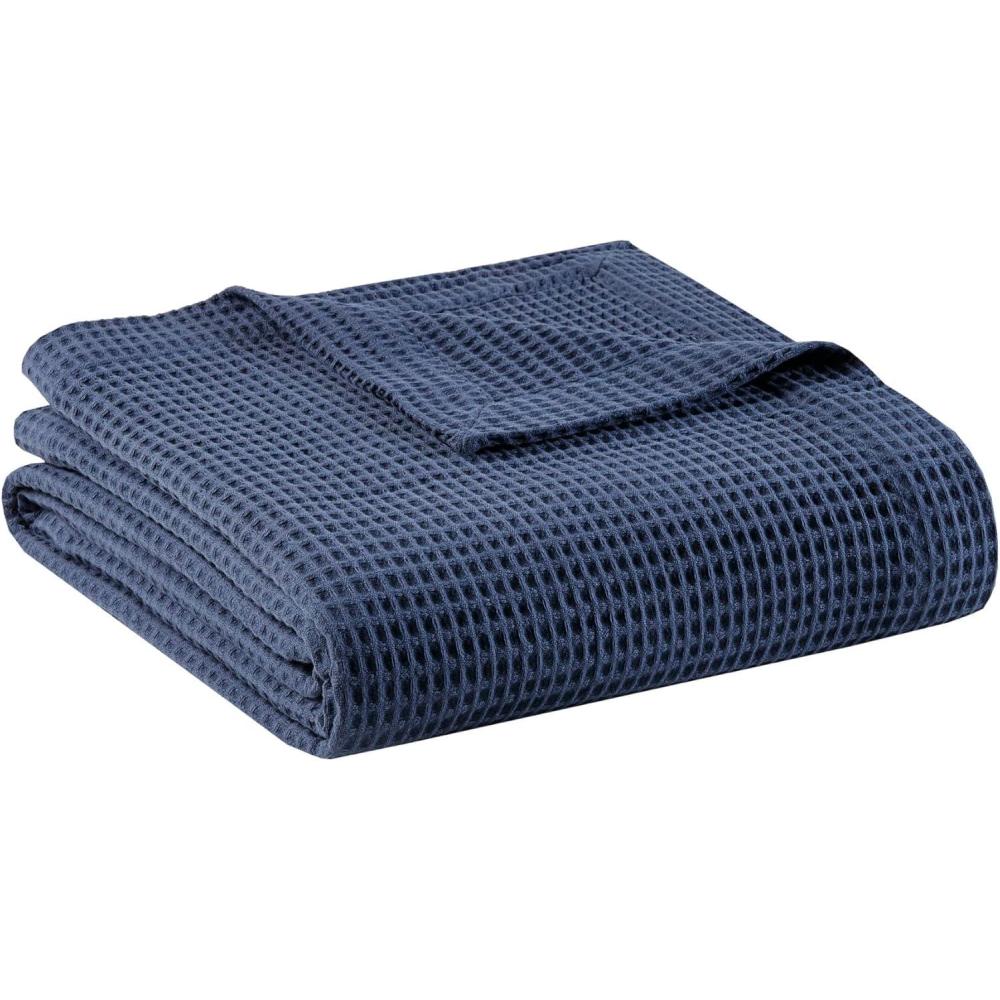 imageMadison Park 100 Cotton Blanket Trendy Woven Waffle Weave Design All Season Lightweight Breathable Soft and Cozy Casual Summer Cover for Bed Couch and Sofa FullQueen90 in x 90 in IvoryIndigo