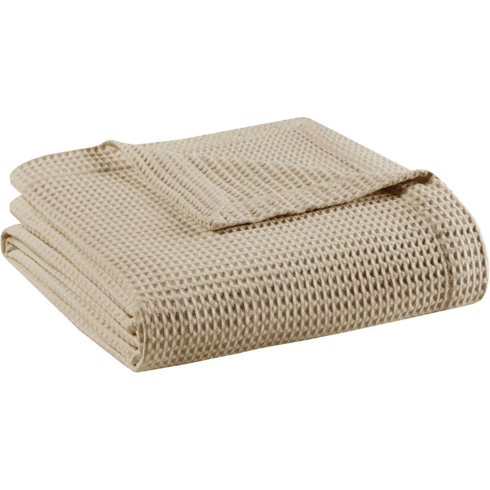 imageMadison Park 100 Cotton Blanket Trendy Woven Waffle Weave Design All Season Lightweight Breathable Soft and Cozy Casual Summer Cover for Bed Couch and Sofa FullQueen90 in x 90 in IvoryKhaki