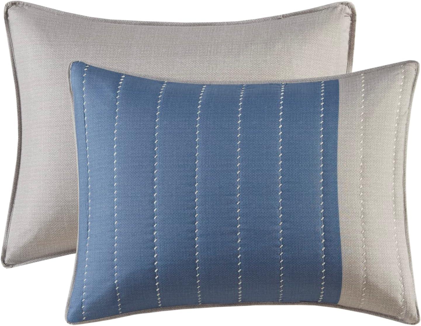 imageMadison Park Blake Quilt Set 2 Tone Color Block Design Classic Channel Quilting Farmhouse Coverlet All Season Breathable Lightweight Cover Cozy Summer Blanket FullQueen TaupeBlue 3 PieceTaupeBlue