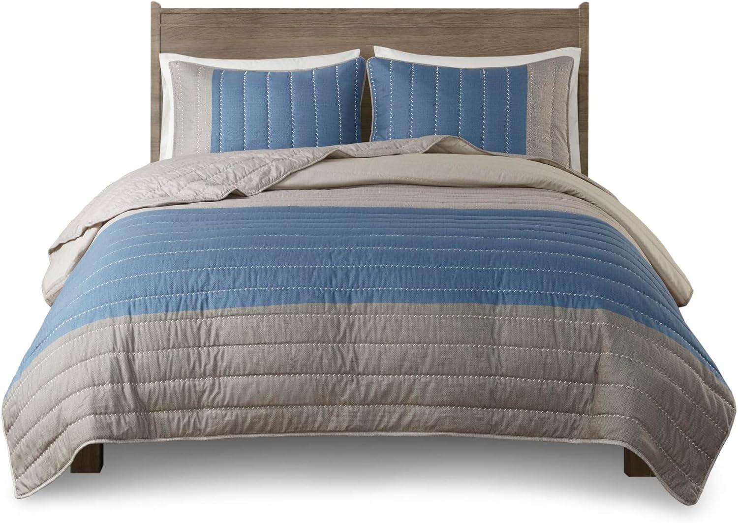 imageMadison Park Blake Quilt Set 2 Tone Color Block Design Classic Channel Quilting Farmhouse Coverlet All Season Breathable Lightweight Cover Cozy Summer Blanket FullQueen TaupeBlue 3 PieceTaupeBlue