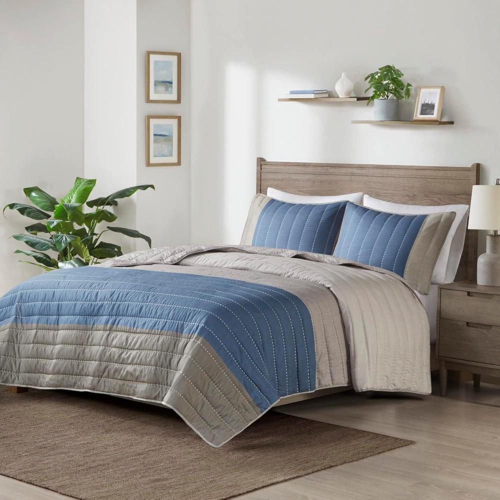 imageMadison Park Blake Quilt Set 2 Tone Color Block Design Classic Channel Quilting Farmhouse Coverlet All Season Breathable Lightweight Cover Cozy Summer Blanket FullQueen TaupeBlue 3 PieceTaupeBlue