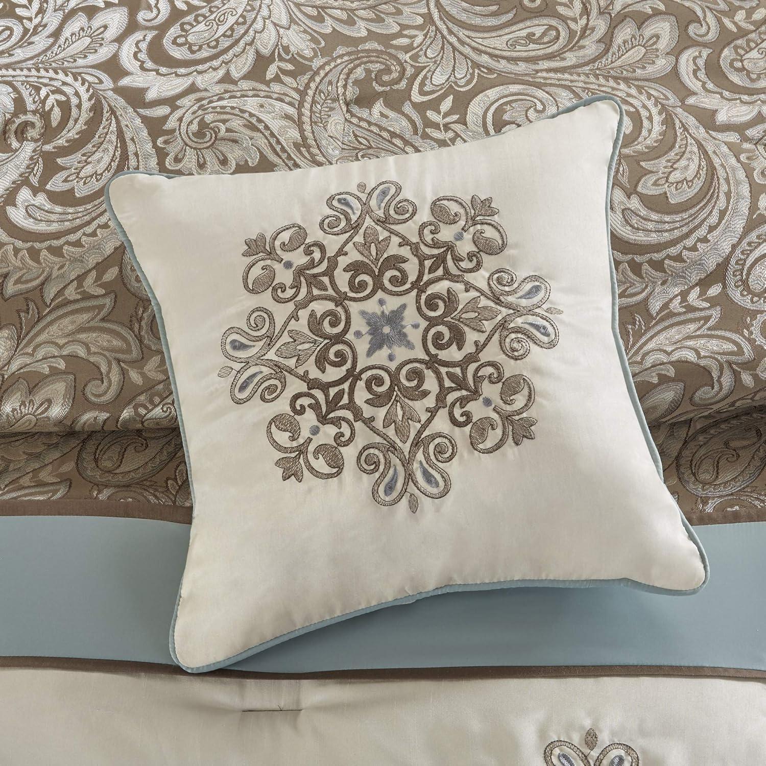 imageMadison Park Comforter Faux SilkTraditional Luxurious Jacquard Design All Season Set Matching Bed Skirt Decorative Pillows Queen90quotx90quot Navy 7 PieceCaroline BlueBrown