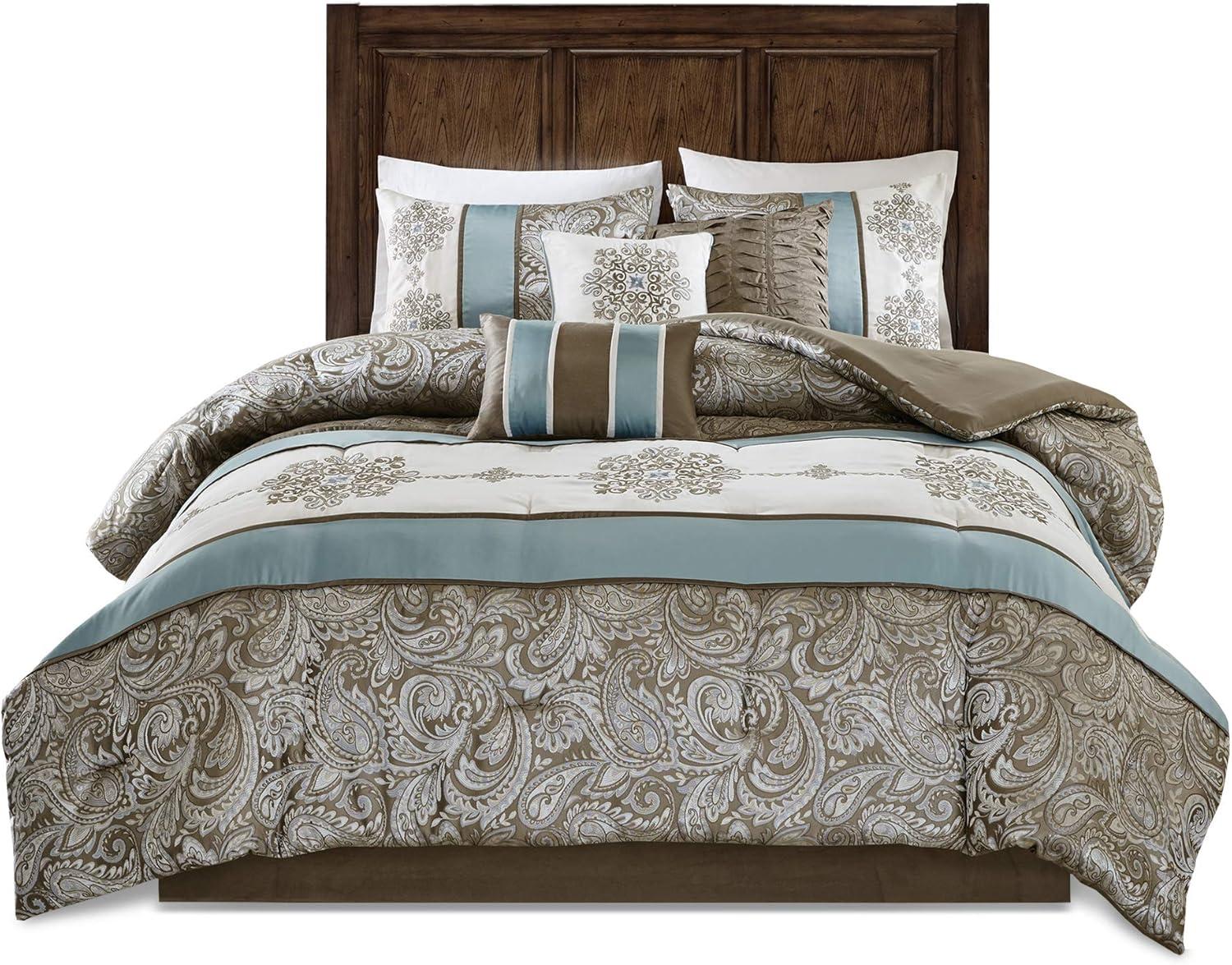 imageMadison Park Comforter Faux SilkTraditional Luxurious Jacquard Design All Season Set Matching Bed Skirt Decorative Pillows Queen90quotx90quot Navy 7 PieceCaroline BlueBrown