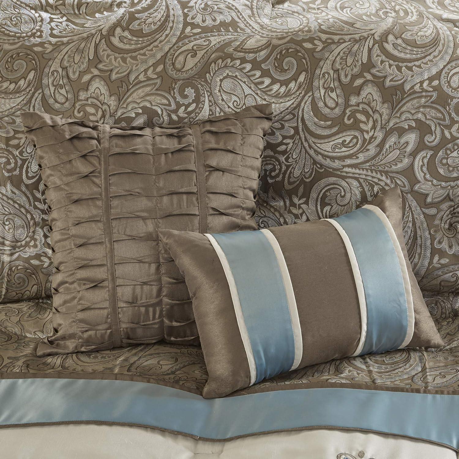 imageMadison Park Comforter Faux SilkTraditional Luxurious Jacquard Design All Season Set Matching Bed Skirt Decorative Pillows Queen90quotx90quot Navy 7 PieceCaroline BlueBrown