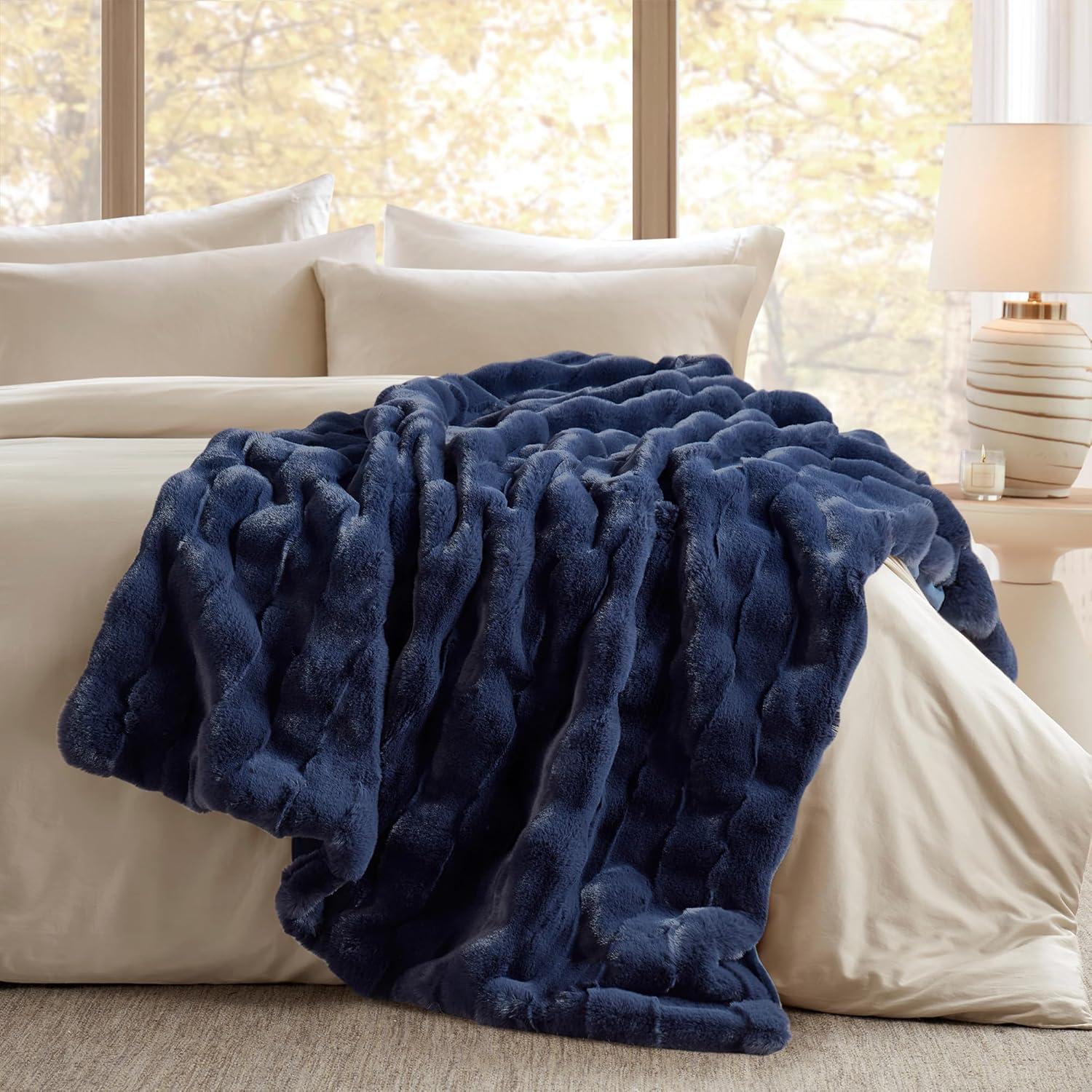 imageMadison Park Luxuriously Cozy Soft Long Faux Fur Basketweave Blanket Reversible Soft ampamp Snuggly Velvet Throw Lightweight Breathable All Season Trendy Room Dcor 50x60 TanNavy