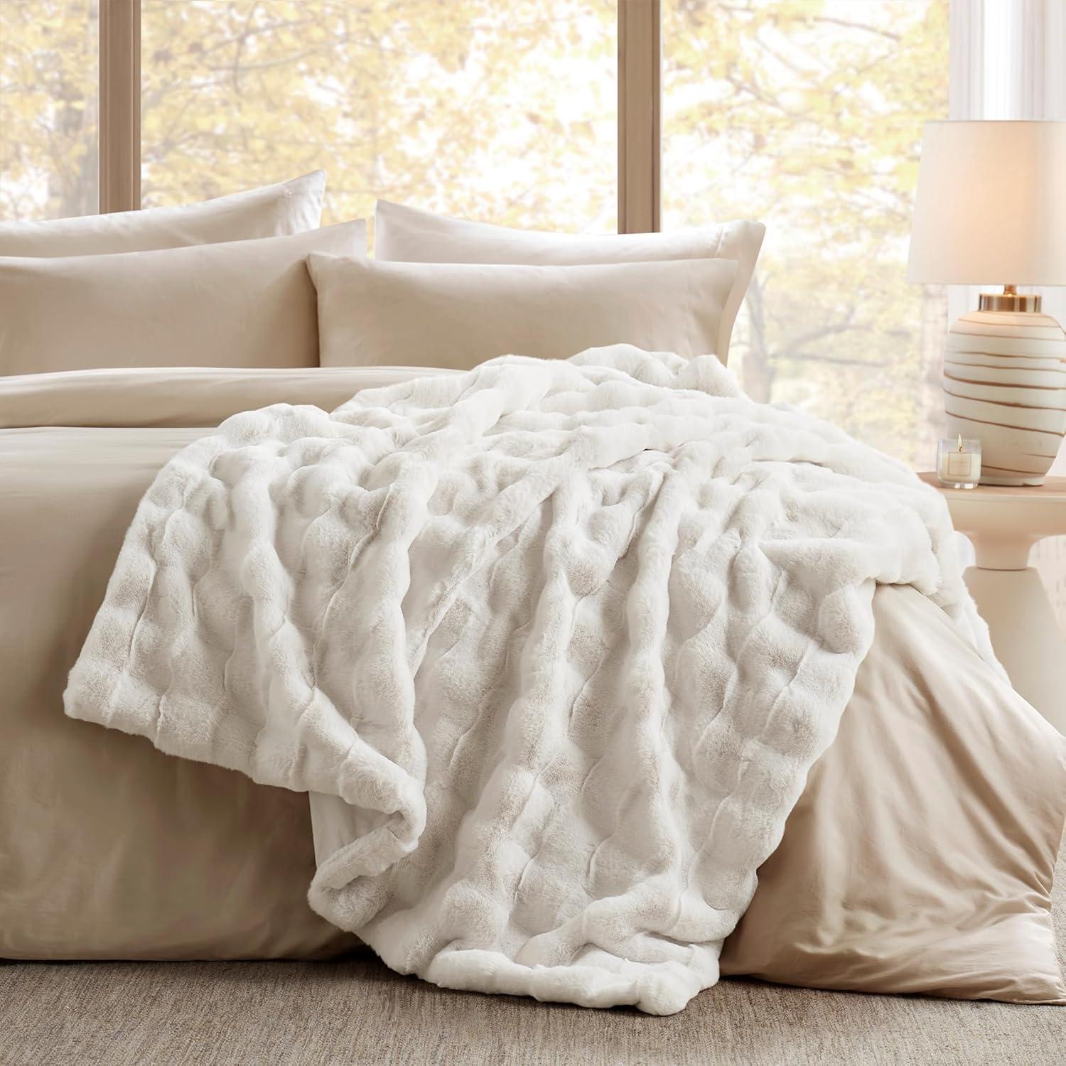 imageMadison Park Luxuriously Cozy Soft Long Faux Fur Basketweave Blanket Reversible Soft ampamp Snuggly Velvet Throw Lightweight Breathable All Season Trendy Room Dcor 50x60 TanIvory