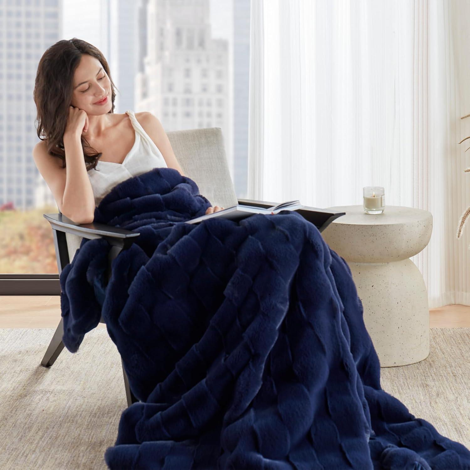 imageMadison Park Luxuriously Cozy Soft Long Faux Fur Basketweave Blanket Reversible Soft ampamp Snuggly Velvet Throw Lightweight Breathable All Season Trendy Room Dcor 50x60 TanNavy