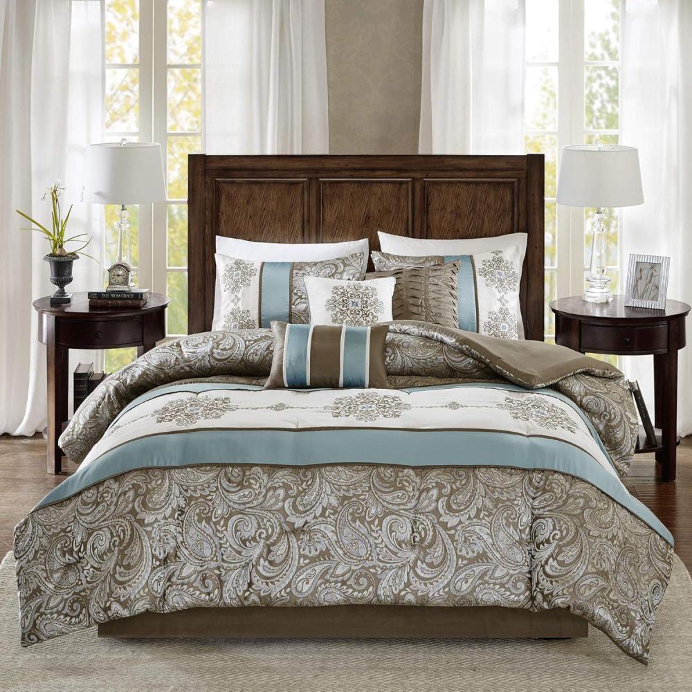 imageMadison Park Comforter Faux SilkTraditional Luxurious Jacquard Design All Season Set Matching Bed Skirt Decorative Pillows Queen90quotx90quot Navy 7 PieceCaroline  BlueBrown