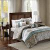 Madison Park Comforter Faux Silk-Traditional Luxurious Jacquard Design All Season Set, Matching Bed Skirt, Decorative Pillows, Queen(90″x90″), Navy 7 Piece(Caroline  Blue/Brown)