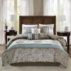 Madison Park Comforter Faux Silk-Traditional Luxurious Jacquard Design All Season Set, Matching Bed Skirt, Decorative Pillows, Queen(90″x90″), Navy 7 Piece(Caroline  Blue/Brown)