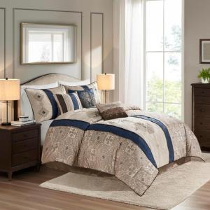 Madison Park Comforter Faux Silk-Traditional Luxurious Jacquard Design All Season Set, Matching Bed Skirt, Decorative Pillows, Queen(90″x90″), Navy 7 Piece(Donovan  Navy)