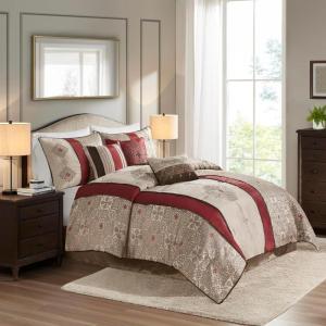 Madison Park Comforter Faux Silk-Traditional Luxurious Jacquard Design All Season Set, Matching Bed Skirt, Decorative Pillows, Queen(90″x90″), Navy 7 Piece(Donovan  Red)