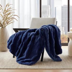 Madison Park Luxuriously Cozy Soft Long Faux Fur Basketweave Blanket, Reversible Soft & Snuggly Velvet Throw, Lightweight, Breathable, All Season, Trendy Room Décor, 50×60, Tan(Navy)