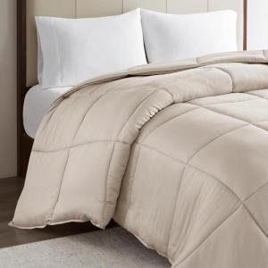 Madison Park Cotton Comforter, 300 Thread Count Cotton Comforter, Box Quilting, Soft, Breathable, Lightweight All Seasons Down Alternative Bedding with Corner Loops, Winfield, Twin/Twin XL, White(Tan)