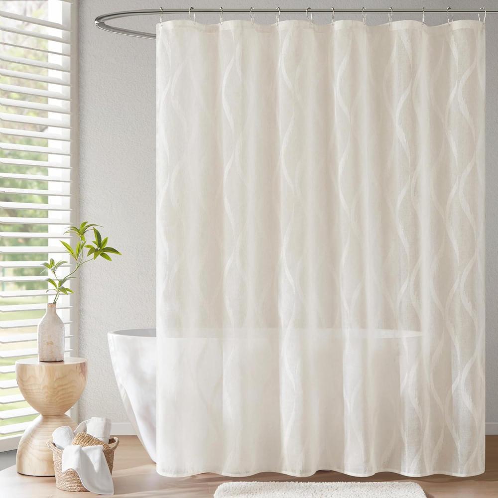 imageMadison Park Candice Sheer Shower Curtain Lightweight Sheer Fabric with Geometric Pattern Modern Bathroom Decor Machine Washable 72quotx72quot WhiteIvory