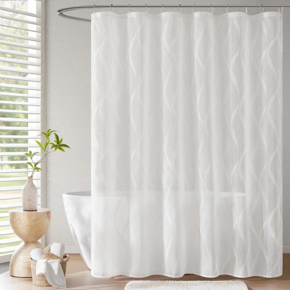 imageMadison Park Candice Sheer Shower Curtain Lightweight Sheer Fabric with Geometric Pattern Modern Bathroom Decor Machine Washable 72quotx72quot WhiteWhite