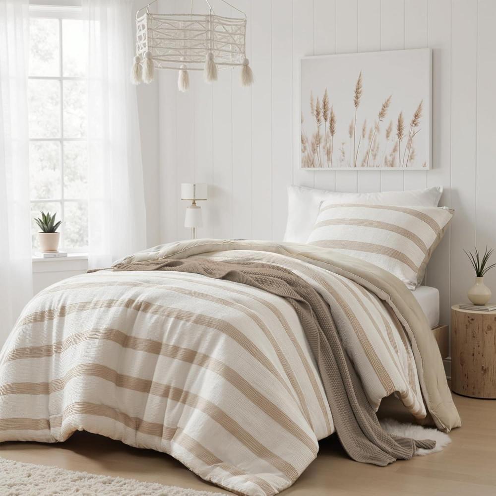imageMadison Park Essentials Striped Comforter Set Queen Size YarnDyed Reversible Comforter with Minimalist Stripes Crinkled Texture Bedding Set for AllSeason Lightweight Warmth Merritt TaupeTaupe