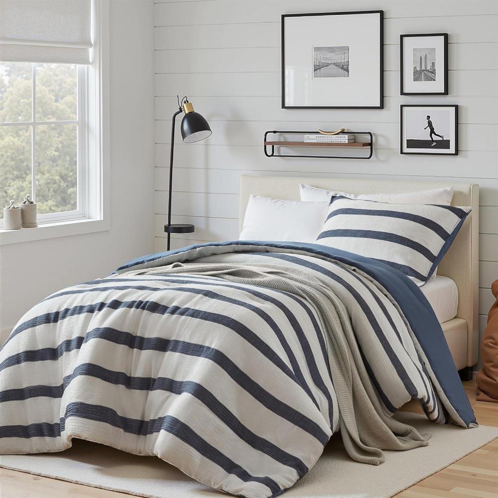 imageMadison Park Essentials Striped Comforter Set Queen Size YarnDyed Reversible Comforter with Minimalist Stripes Crinkled Texture Bedding Set for AllSeason Lightweight Warmth Merritt TaupeBlue