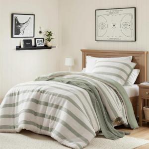 Madison Park Essentials Striped Comforter Set Queen Size, Yarn-Dyed Reversible Comforter with Minimalist Stripes, Crinkled Texture Bedding Set for All-Season Lightweight Warmth, Merritt Taupe(Sage Green)