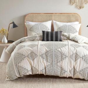 Madison Park Queen Duvet Cover Set, Boho Duvet Cover with Chenille Trims, All Seasons, Microfiber Bedding, Pillow & Shams, Ibiza, Black/Ivory 4 Piece(Black/Ivory)