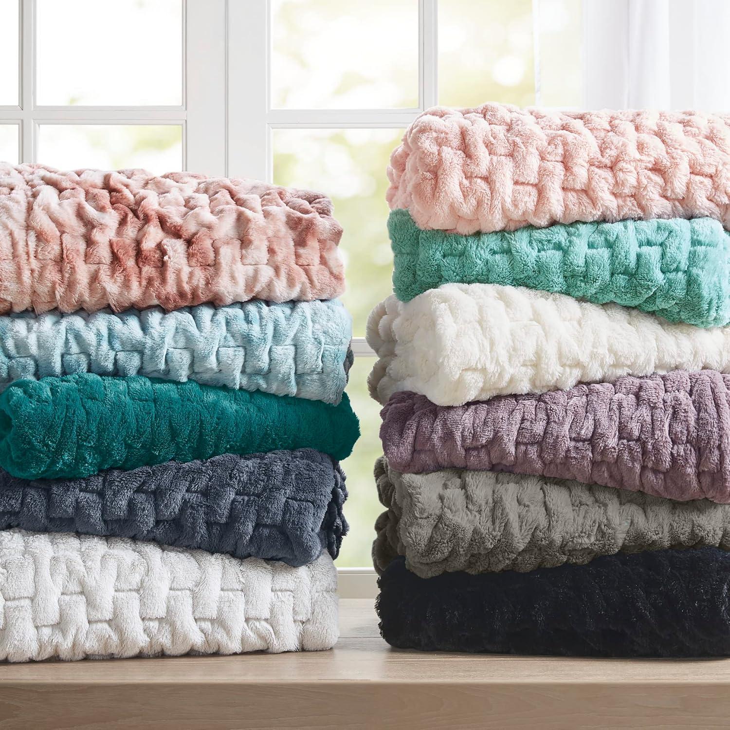 imageMadison Park Ruched Luxury Throw Premium Soft Cozy Brushed Long Faux Fur for Bed Couch or Sofa 50x60 PurpleAqua