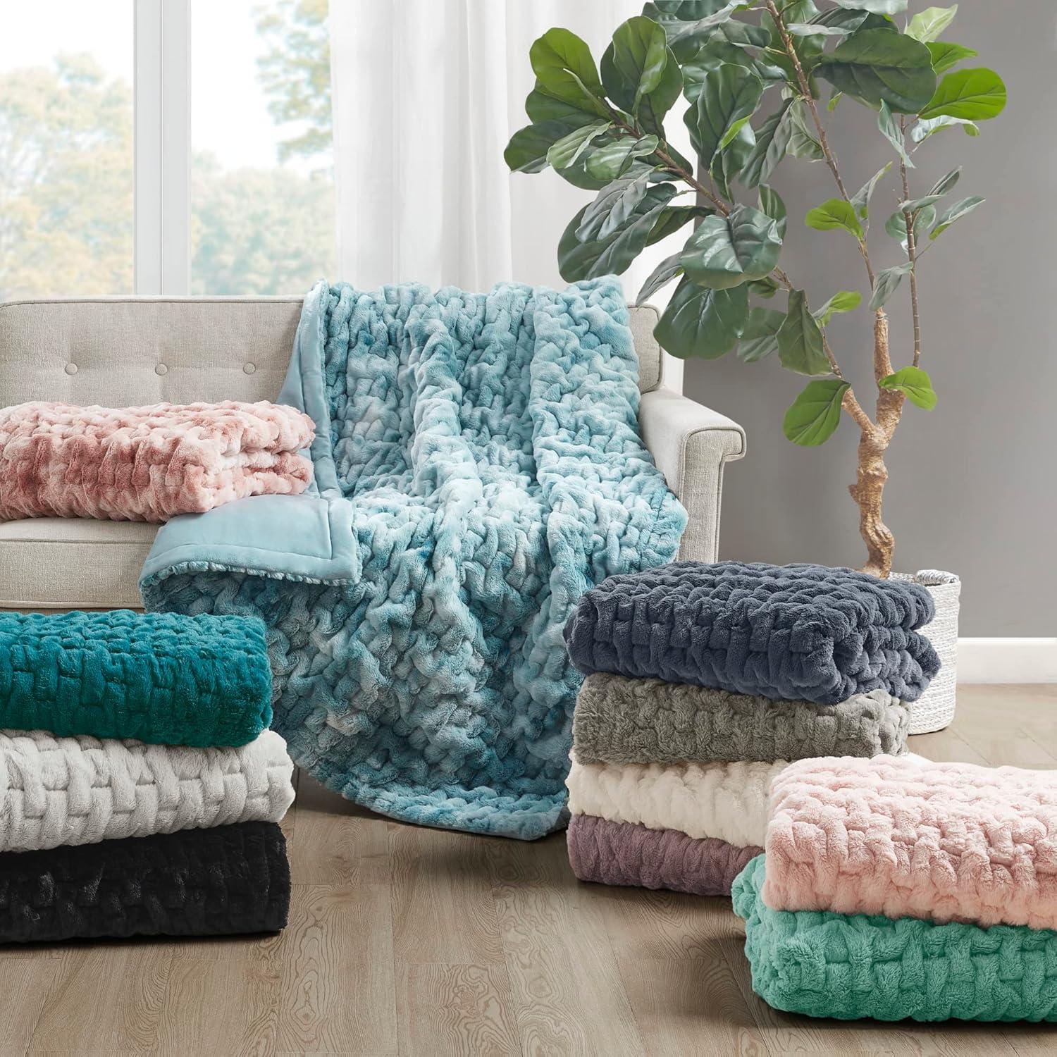 imageMadison Park Ruched Luxury Throw Premium Soft Cozy Brushed Long Faux Fur for Bed Couch or Sofa 50x60 PurpleAqua