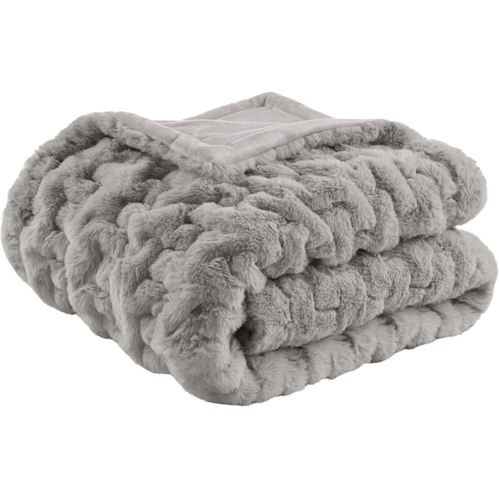imageMadison Park Ruched Luxury Throw Premium Soft Cozy Brushed Long Faux Fur for Bed Couch or Sofa 50x60 PurpleGrey