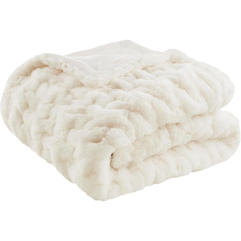 imageMadison Park Ruched Luxury Throw Premium Soft Cozy Brushed Long Faux Fur for Bed Couch or Sofa 50x60 PurpleIvory