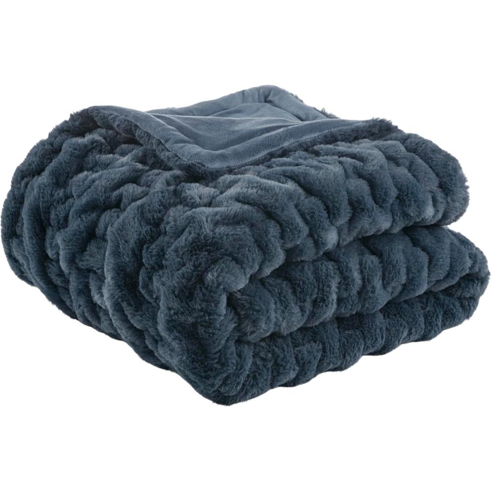 imageMadison Park Ruched Luxury Throw Premium Soft Cozy Brushed Long Faux Fur for Bed Couch or Sofa 50x60 PurpleSlate Blue