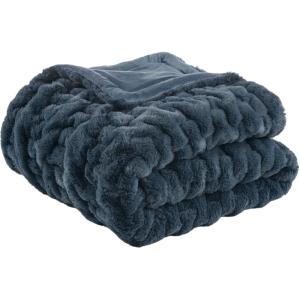 Madison Park Ruched Luxury Throw Premium Soft Cozy Brushed Long Faux Fur for Bed, Couch or Sofa, 50″x60″, Purple(Slate Blue)