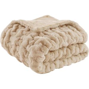 Madison Park Ruched Luxury Throw Premium Soft Cozy Brushed Long Faux Fur for Bed, Couch or Sofa, 50″x60″, Purple(Tan)